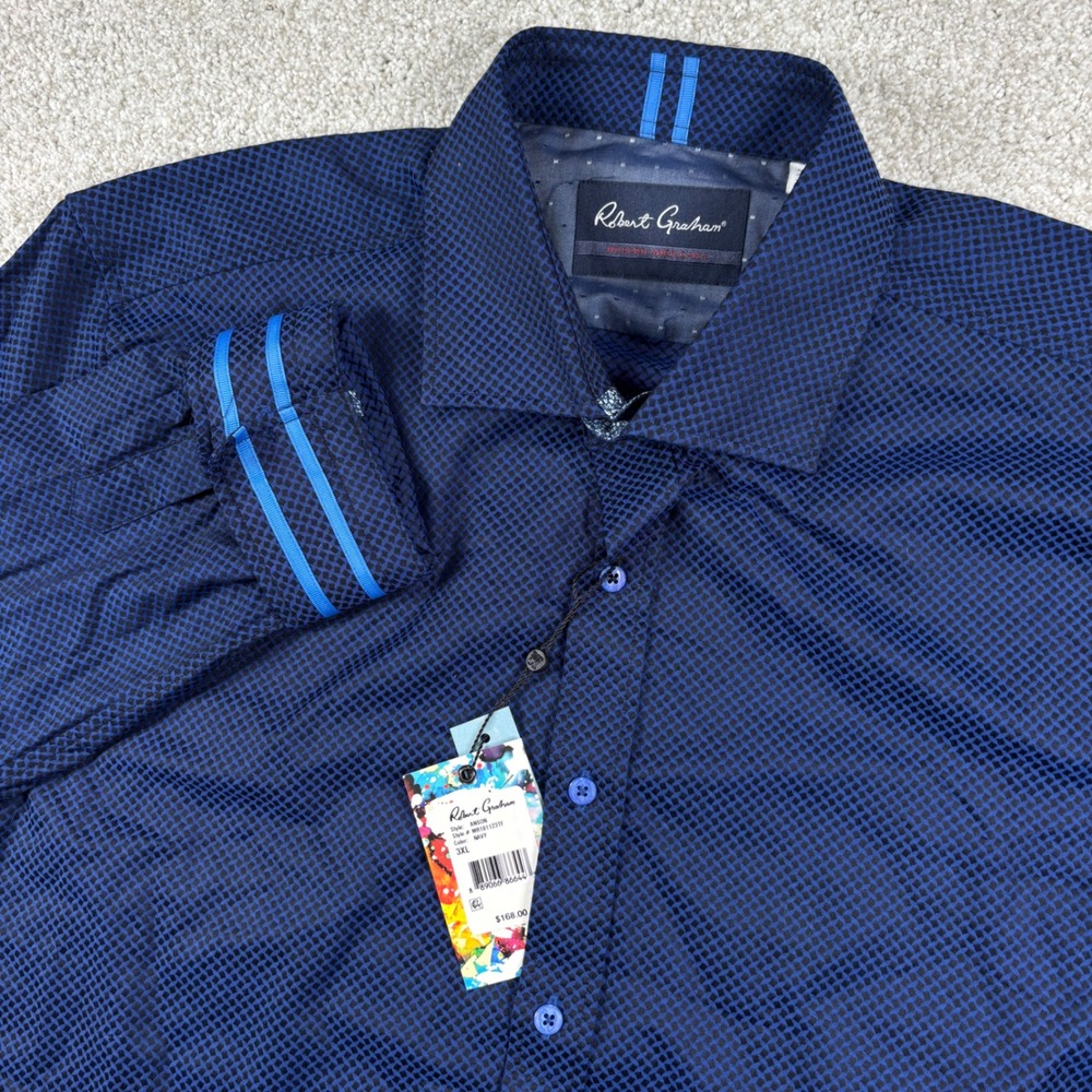 NEW Robert Graham Button Front Shirt Mens 3XL Navy Anson Geometric Tailored Fit